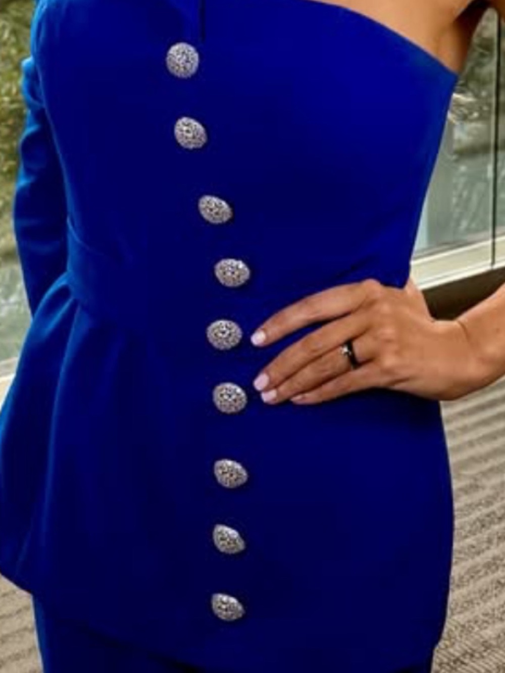 Jovani Royal Blue One-Shoulder Button Jumpsuit - Picture 2 of 9